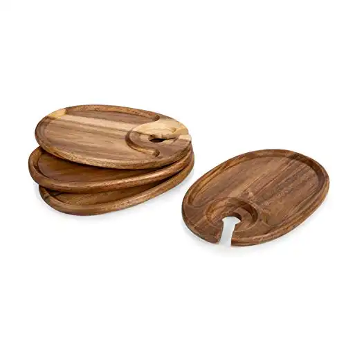 Wine Appetizer Plates with Glass Holder, Acacia Wood, 9 x 6, Set of 4