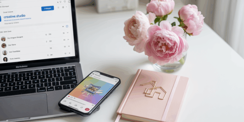 Flat lay of a laptop, smartphone showing an Instagram post, a pink notebook with a house-shaped paperclip, and a vase of pink peonies on a white desk — representing a realtor or small business owner using Instagram for marketing.