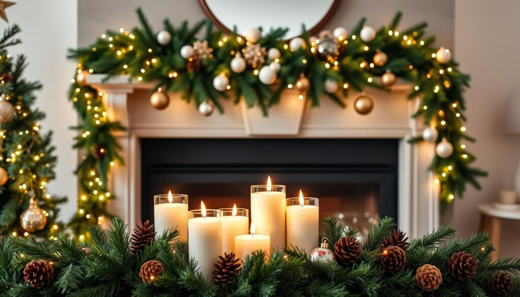 A cozy Christmas mantel adorned with lush garlands, twinkling lights, and elegant ornaments. In the foreground, a cluster of festive candles casts a warm, soft glow, while the middle ground features a mix of rustic and refined decor elements, such as pine cones, birch logs, and delicate glass baubles. The background showcases a tasteful, minimalist fireplace with a neutral stone or brick surround, allowing the mantel decorations to take center stage. The overall scene exudes a sense of holiday charm and sophisticated style, perfectly capturing the essence of a beautifully styled Christmas mantel.