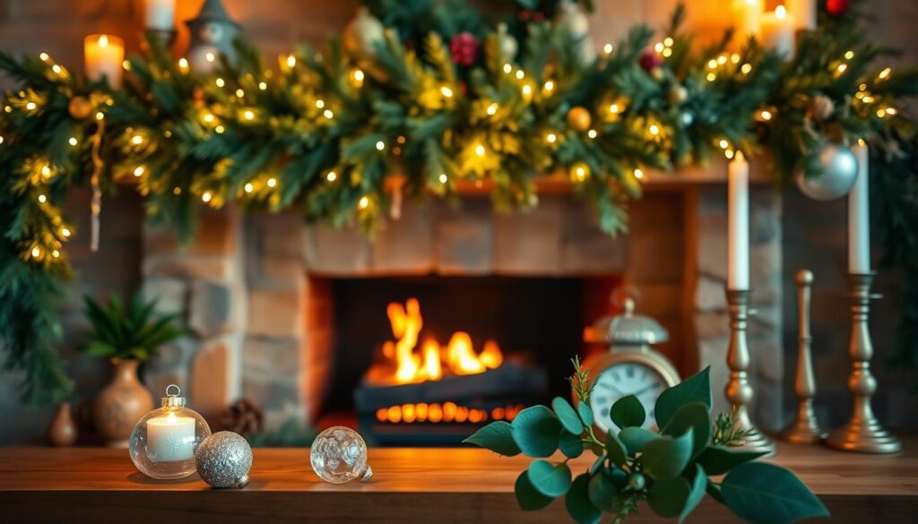 A cozy and inviting fireplace mantel, adorned with a lush greenery garland, twinkling fairy lights, and a collection of flickering candles. The fireplace itself is aglow with a warm, crackling fire, casting a soft, golden light across the scene. In the foreground, a pair of delicate glass ornaments and a sprig of holly add a touch of holiday cheer. The mantel's surface is styled with a mix of rustic and elegant decor, including a small porcelain figurine, a vintage clock, and a pair of brass candlesticks. The overall atmosphere is one of comfort and charm, perfect for setting the mood for a festive Christmas gathering.