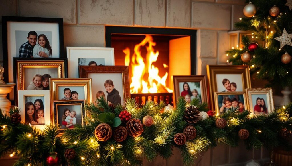 A cozy, well-appointed Christmas mantel with a warm, inviting ambiance. In the foreground, an assortment of family photos in various frames, each capturing treasured moments. Surrounding the photos, a soft cascade of twinkling fairy lights, casting a gentle glow. In the middle ground, a mix of natural elements - fresh pine garlands, pinecones, and subtle pops of holiday-themed accents. In the background, a crackling fireplace, its flames dancing and casting a flickering light across the scene. The overall mood is one of nostalgia, comfort, and cherished family traditions.