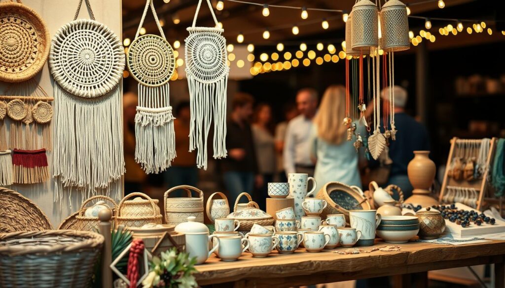A cozy, well-lit craft fair booth showcasing a variety of handmade products. In the foreground, an assortment of unique, artisanal items - handwoven baskets, intricate macrame wall hangings, hand-painted ceramic mugs, and delicate beaded jewelry. The middle ground features a rustic wooden display table, its surface covered with neatly arranged handmade goods. Behind, a backdrop of string lights and a soft-focus crowd creates a warm, inviting ambiance. The overall scene conveys a sense of creativity, craftsmanship, and the joy of discovering one-of-a-kind, locally-sourced items.