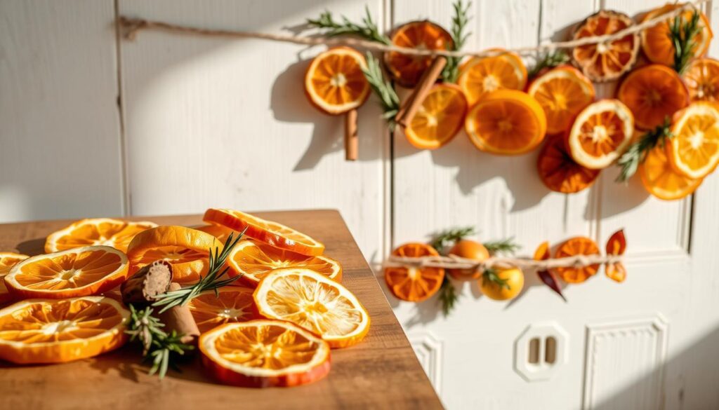 A detailed tutorial on how to properly dry various fruits for creating a long-lasting and visually stunning dried fruit garland. In the foreground, a selection of vibrant, sun-dried orange slices, apple rings, cinnamon sticks, and rosemary sprigs are carefully arranged on a wooden surface. The middle ground showcases the process, with dehydrated fruit pieces delicately strung together using natural jute twine against a backdrop of a rustic, whitewashed wall. Soft, warm lighting illuminates the scene, casting gentle shadows and highlighting the textural details of the dried ingredients. The overall atmosphere exudes a cozy, homely feel, inviting the viewer to imagine crafting their own unique, handmade dried fruit garland.