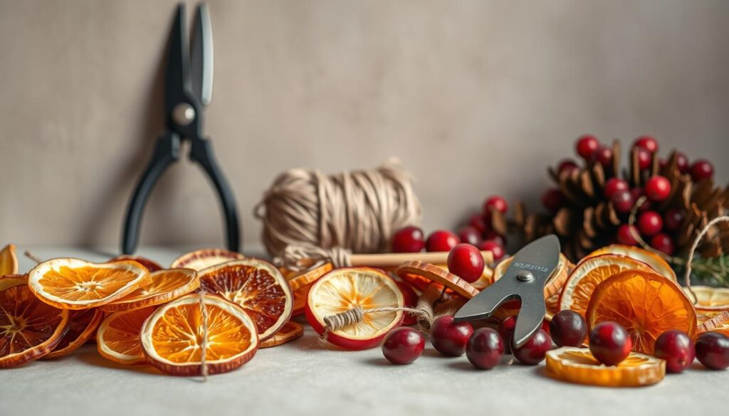 A neatly arranged still life capturing the essential materials for creating a DIY dried fruit garland. In the foreground, an assortment of colorful, dehydrated fruits such as orange slices, apple rings, and cranberries, arranged in a visually appealing manner. In the middle ground, a pair of sharp pruning shears, natural twine or string, and a small wooden dowel or skewer. The background features a simple, neutral-toned backdrop, allowing the vibrant fruits and rustic materials to take center stage. The lighting is soft and diffused, highlighting the intricate textures and patterns of the dried fruits. The overall mood is warm, inviting, and evocative of the cozy, handcrafted nature of a homemade dried fruit garland project.