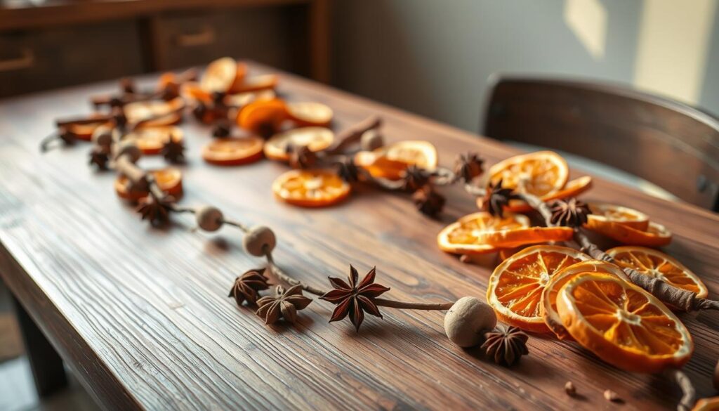 A warm, rustic DIY dried fruit garland draped across a wooden table, illuminated by soft, natural lighting. The garland features an artful arrangement of dried orange slices, cinnamon sticks, star anise, and whole nutmegs, creating a captivating visual texture. The foreground showcases the intricate details of the fruit and spices, while the middle ground features the garland's organic shape winding across the table. The background is a simple, neutral setting, allowing the garland to be the focal point. The overall mood is cozy, inviting, and celebrates the homemade, handcrafted nature of the display.