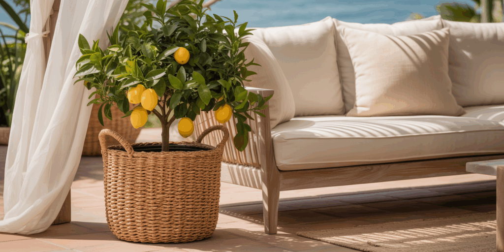 Woven Seagrass Basket Potted Lemon Tree
