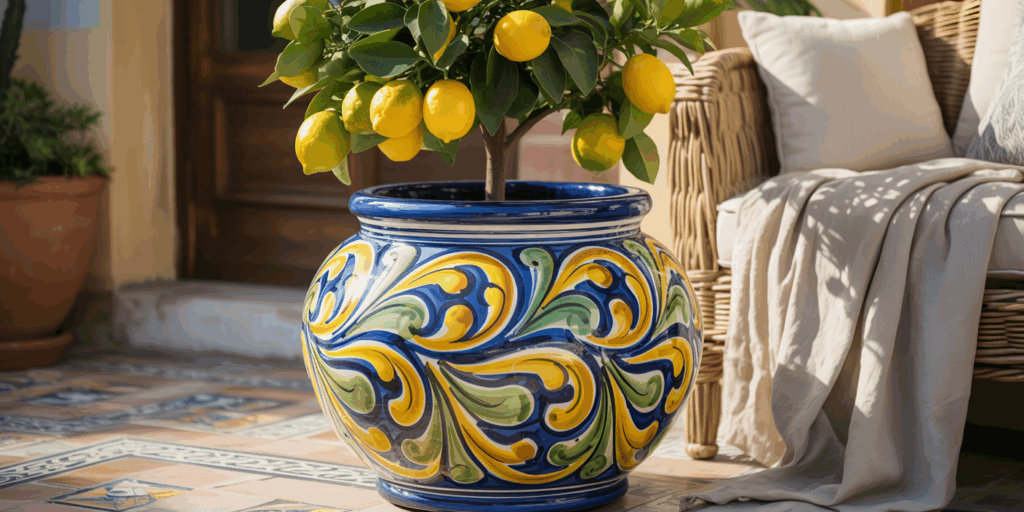 Hand-Painted Majolica Statement Potted Lemon Tree